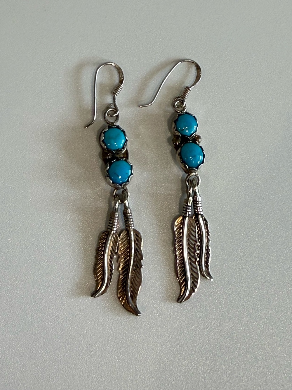 Sterling Silver Native American Turquoise Feather Dangle Earrings